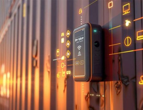Rugged IoT gateway attached to a shipping container with glowing orange data icons projecting around it, signaling connectivity.