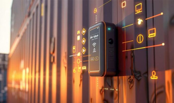Rugged IoT gateway attached to a shipping container with glowing orange data icons projecting around it, signaling connectivity.