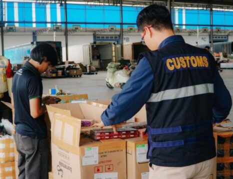 Customs officer in a vest inspects boxes on a table inside a large warehouse; other workers oversee the process.