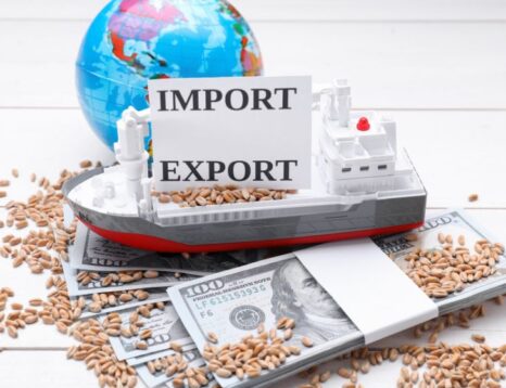Toy cargo ship with an 'IMPORT EXPORT' sign atop money and scattered grains, symbolizing international trade.
