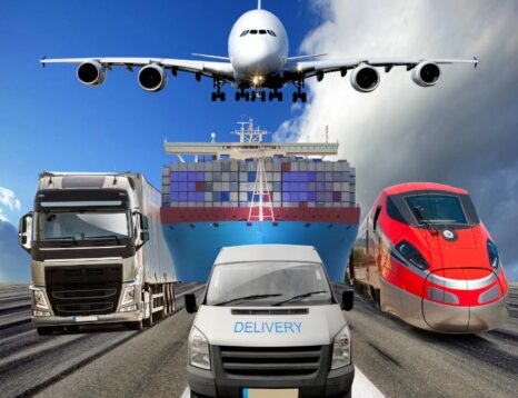 Front view of a delivery van flanked by a truck and a red high-speed train, with a container ship and a passenger plane in the sky above.