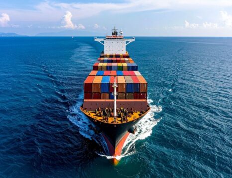 A large container ship sailing through blue ocean with stacked colorful shipping containers on deck.