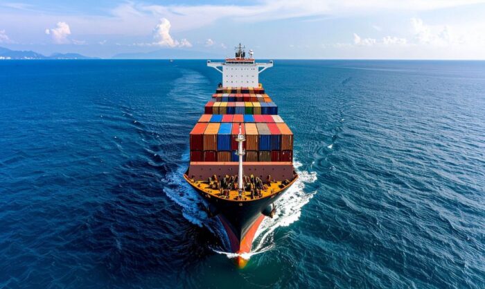 A large container ship sailing through blue ocean with stacked colorful shipping containers on deck.